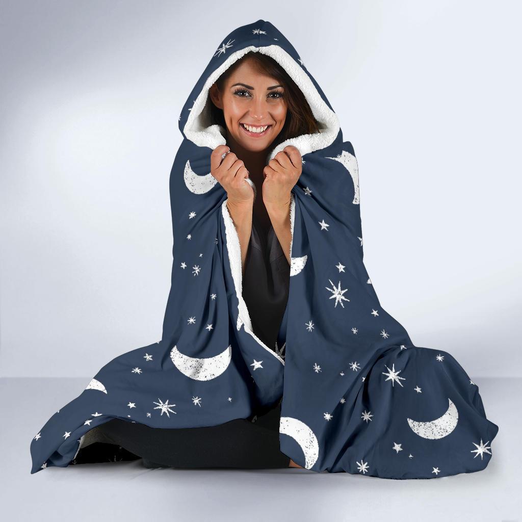 Moon Star Print Pattern Hooded Blanket-grizzshop