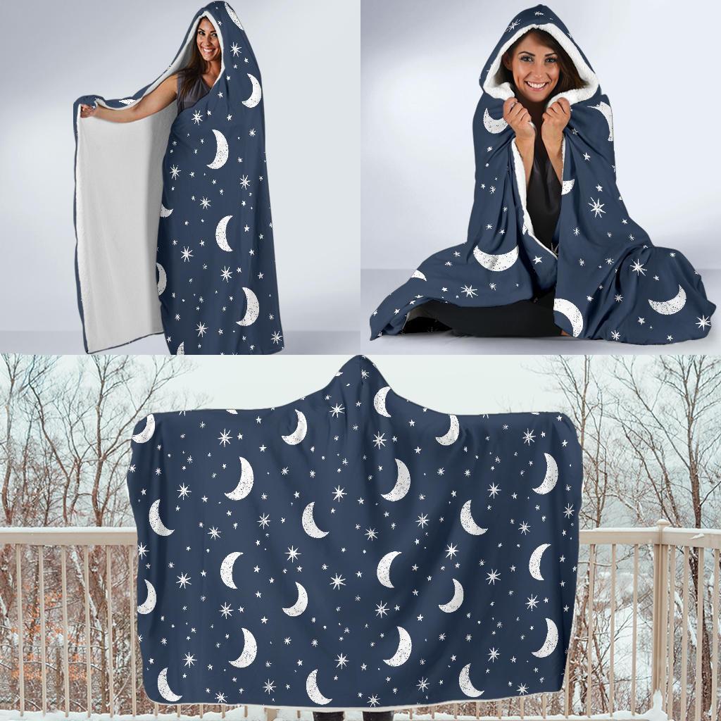 Moon Star Print Pattern Hooded Blanket-grizzshop