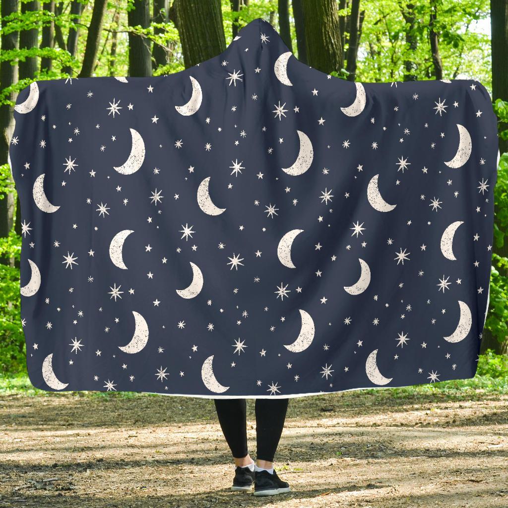 Moon Star Print Pattern Hooded Blanket-grizzshop