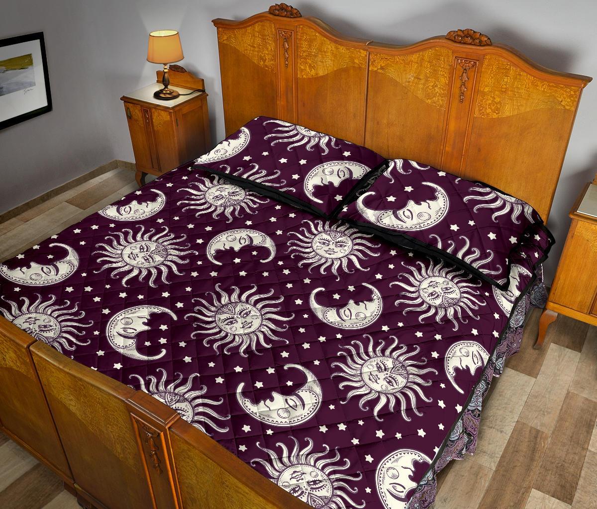 Moon Sun Celestial Pattern Print Bed Set Quilt-grizzshop