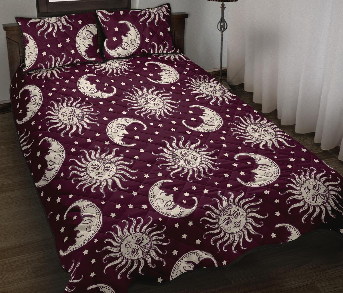 Moon Sun Celestial Pattern Print Bed Set Quilt-grizzshop