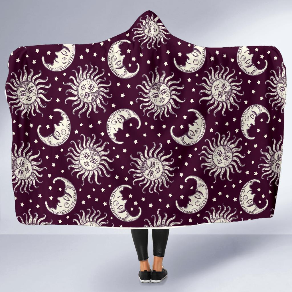 Moon Sun Celestial Pattern Print Hooded Blanket-grizzshop