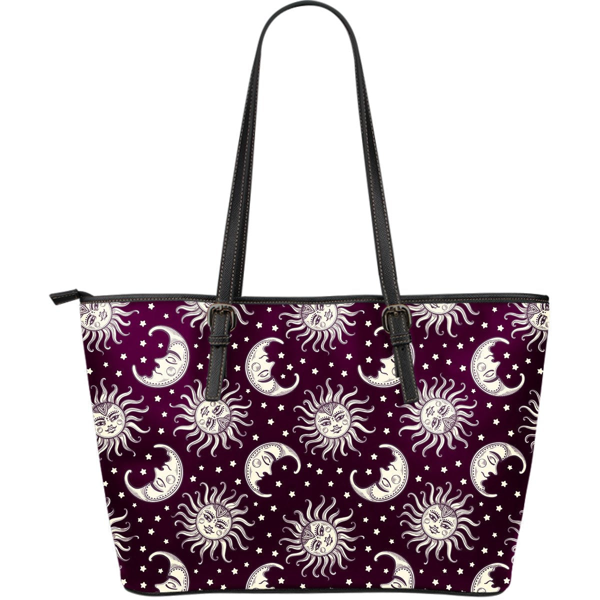 Moon Sun Celestial Pattern Print Leather Tote Bag-grizzshop