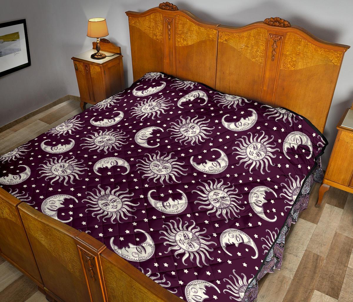 Moon Sun Celestial Pattern Print Quilt-grizzshop