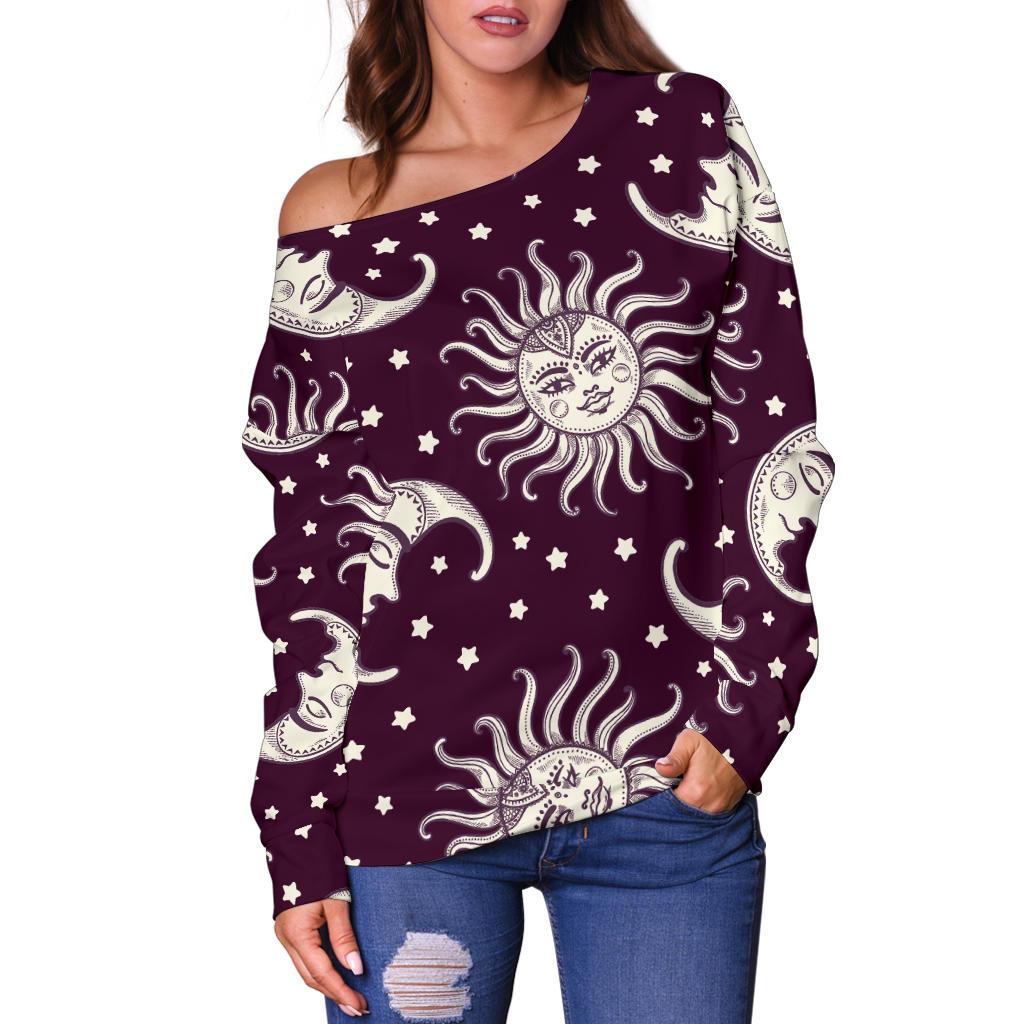 Moon Sun Celestial Pattern Print Women Off Shoulder Sweatshirt-grizzshop