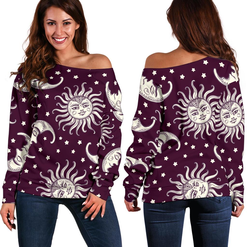 Moon Sun Celestial Pattern Print Women Off Shoulder Sweatshirt-grizzshop