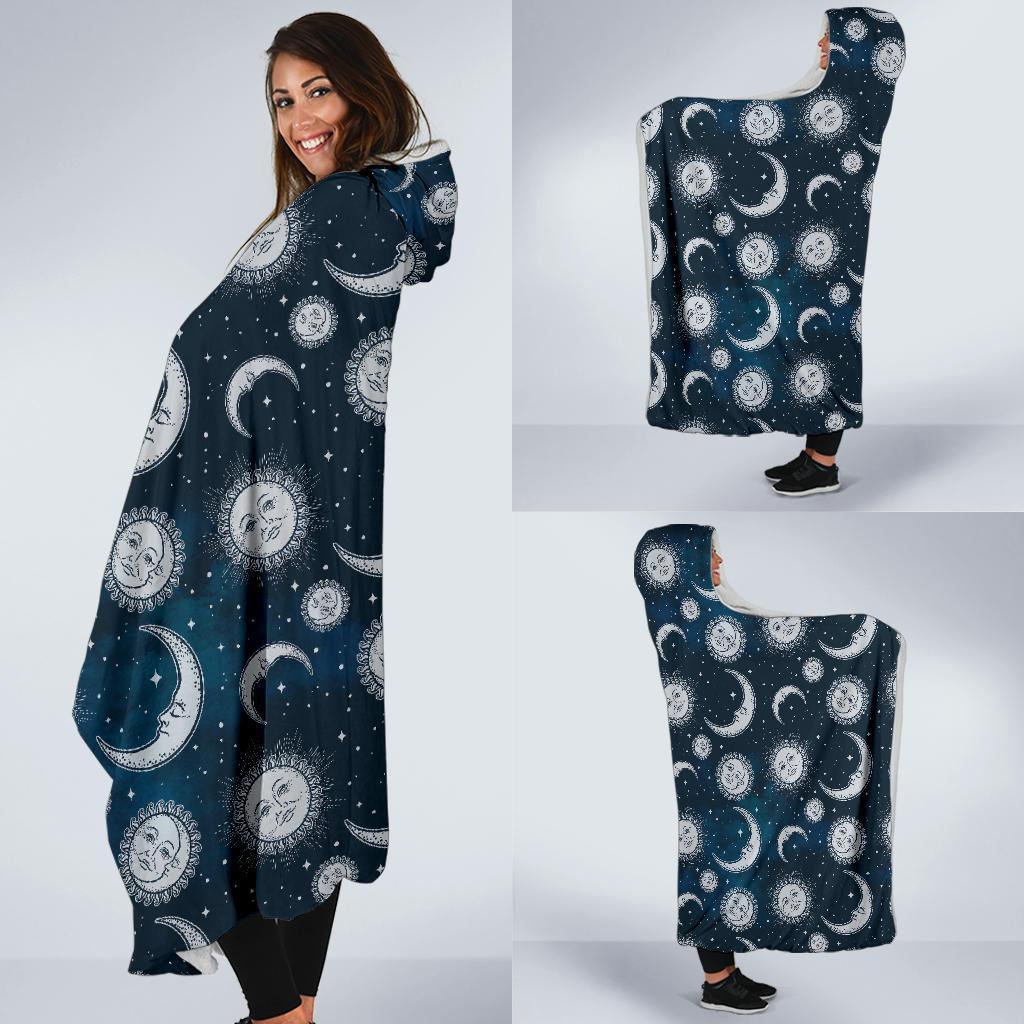 Moon Sun Pattern Print Hooded Blanket-grizzshop