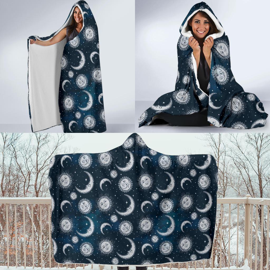 Moon Sun Pattern Print Hooded Blanket-grizzshop