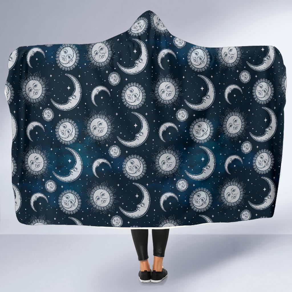 Moon Sun Pattern Print Hooded Blanket-grizzshop