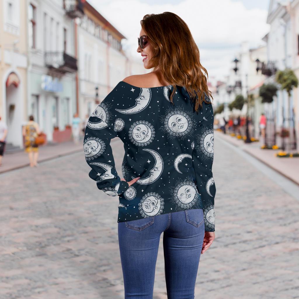 Moon Sun Pattern Print Women Off Shoulder Sweatshirt-grizzshop