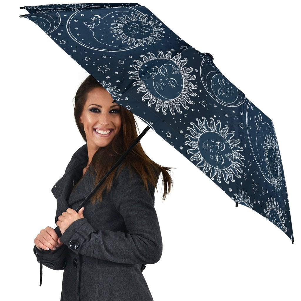 Moon Sun Print Pattern Automatic Foldable Umbrella-grizzshop