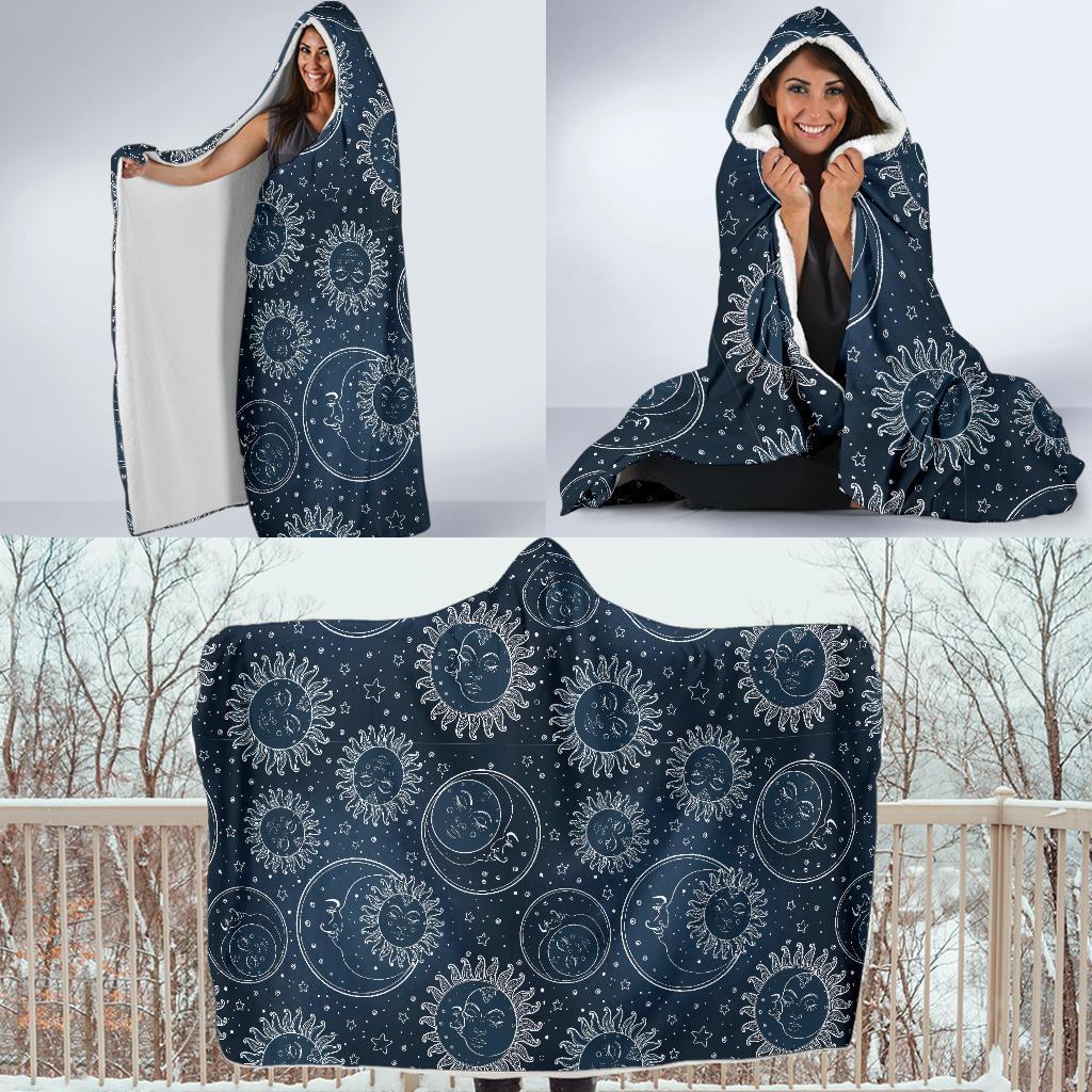 Moon Sun Print Pattern Hooded Blanket-grizzshop