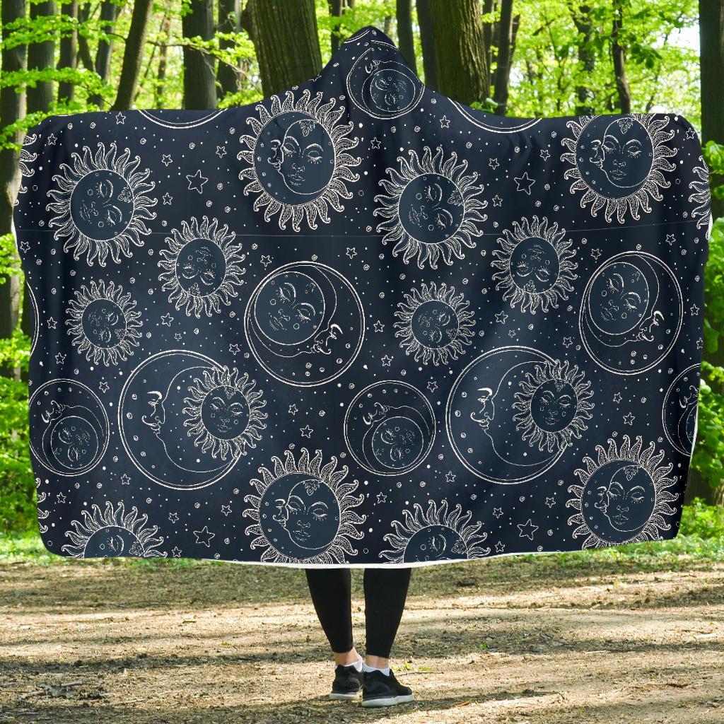 Moon Sun Print Pattern Hooded Blanket-grizzshop