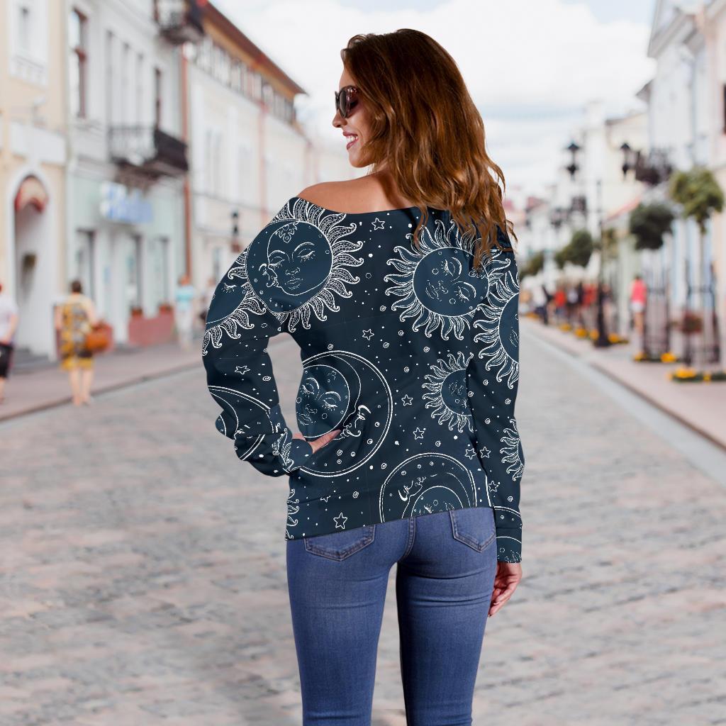 Moon Sun Print Pattern Women Off Shoulder Sweatshirt-grizzshop