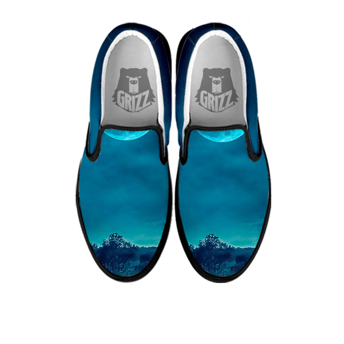 Moonlight And Night Forest Print Black Slip On Shoes-grizzshop