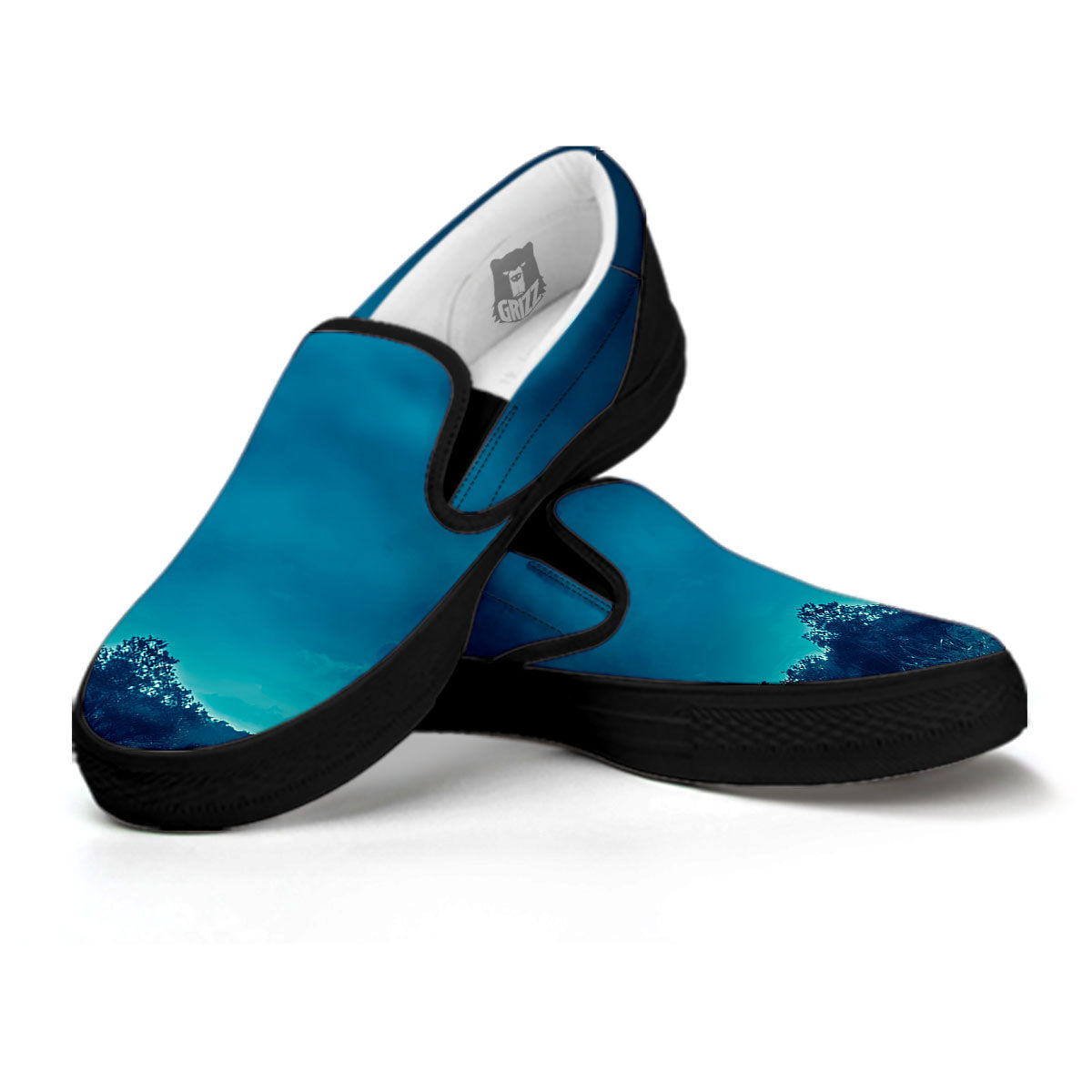 Moonlight And Night Forest Print Black Slip On Shoes-grizzshop