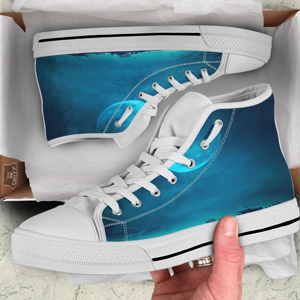 Moonlight And Night Forest Print White High Top Shoes-grizzshop