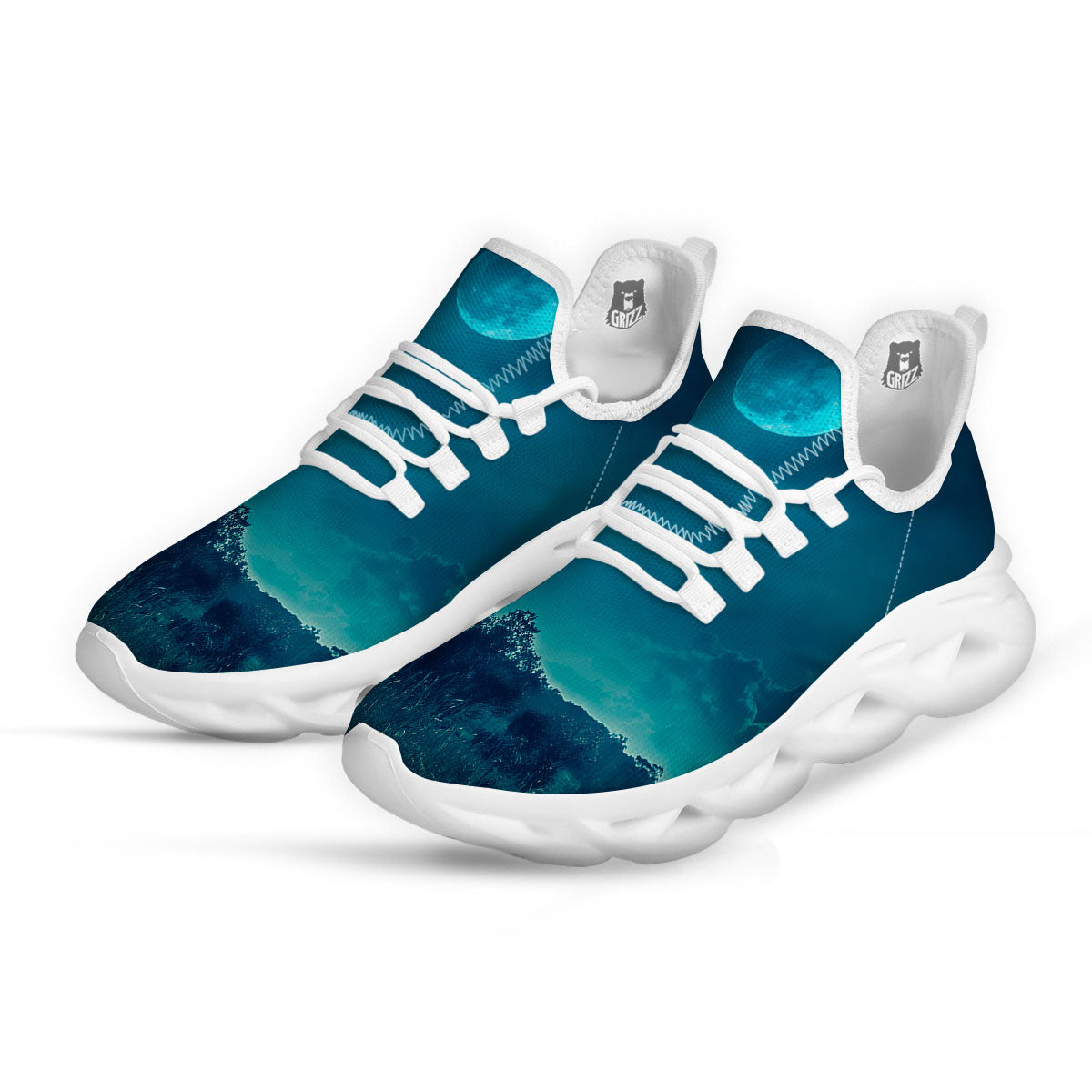 Moonlight And Night Forest Print White Running Shoes-grizzshop