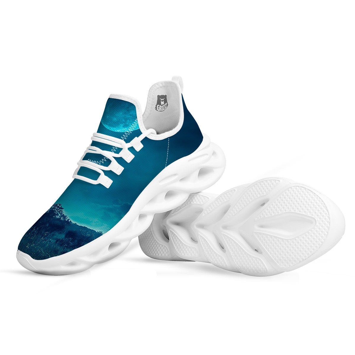 Moonlight And Night Forest Print White Running Shoes-grizzshop