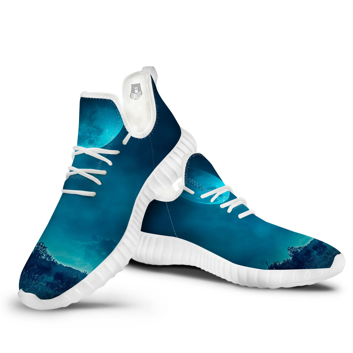 Moonlight And Night Forest Print White Walking Shoes-grizzshop