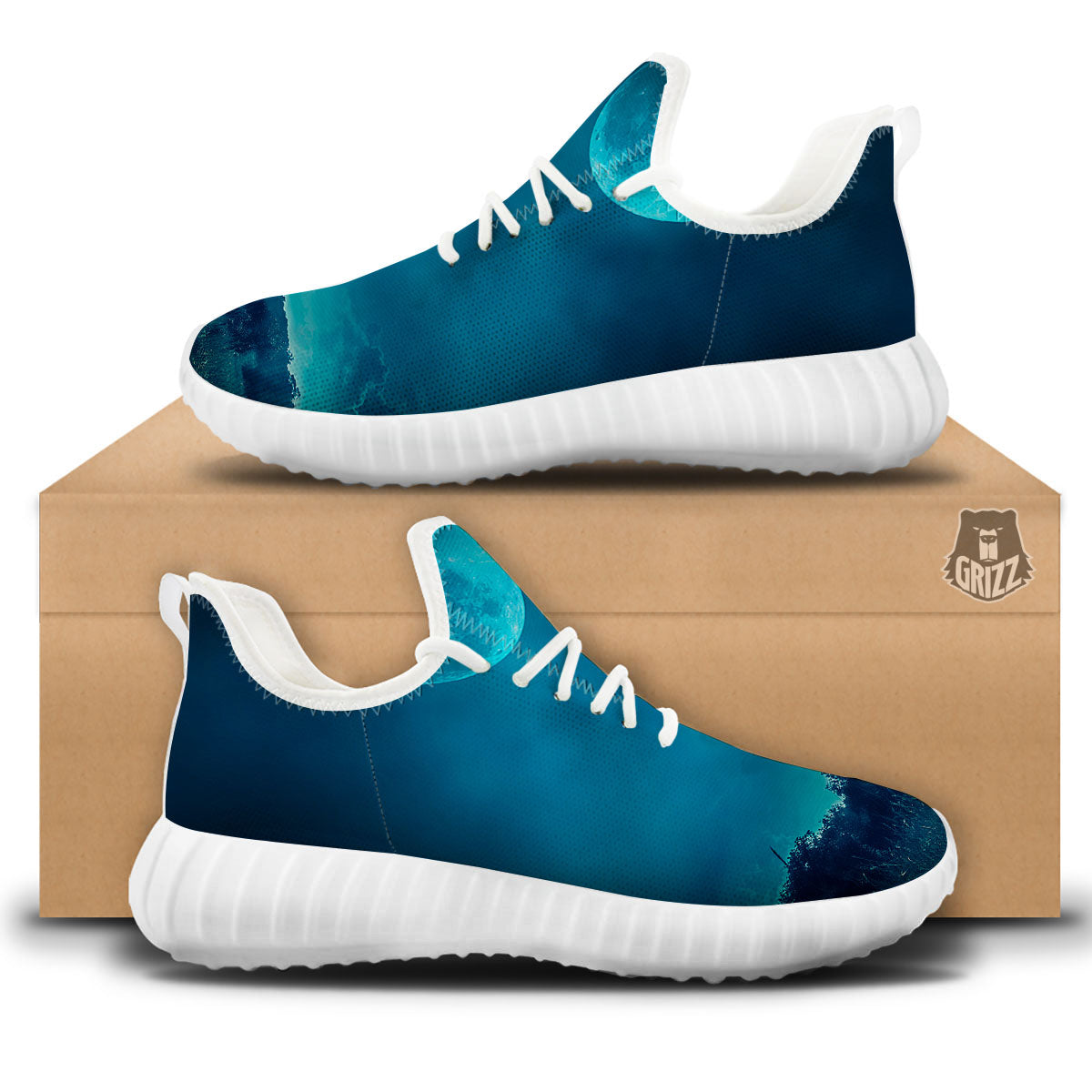 Moonlight And Night Forest Print White Walking Shoes-grizzshop
