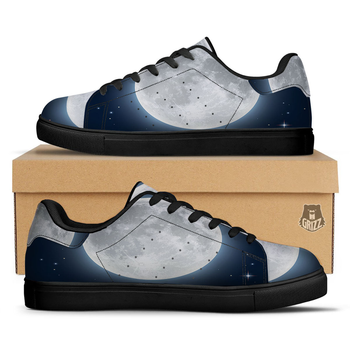 Moonlight And Night Sky Print Black Low Top Sneakers-grizzshop