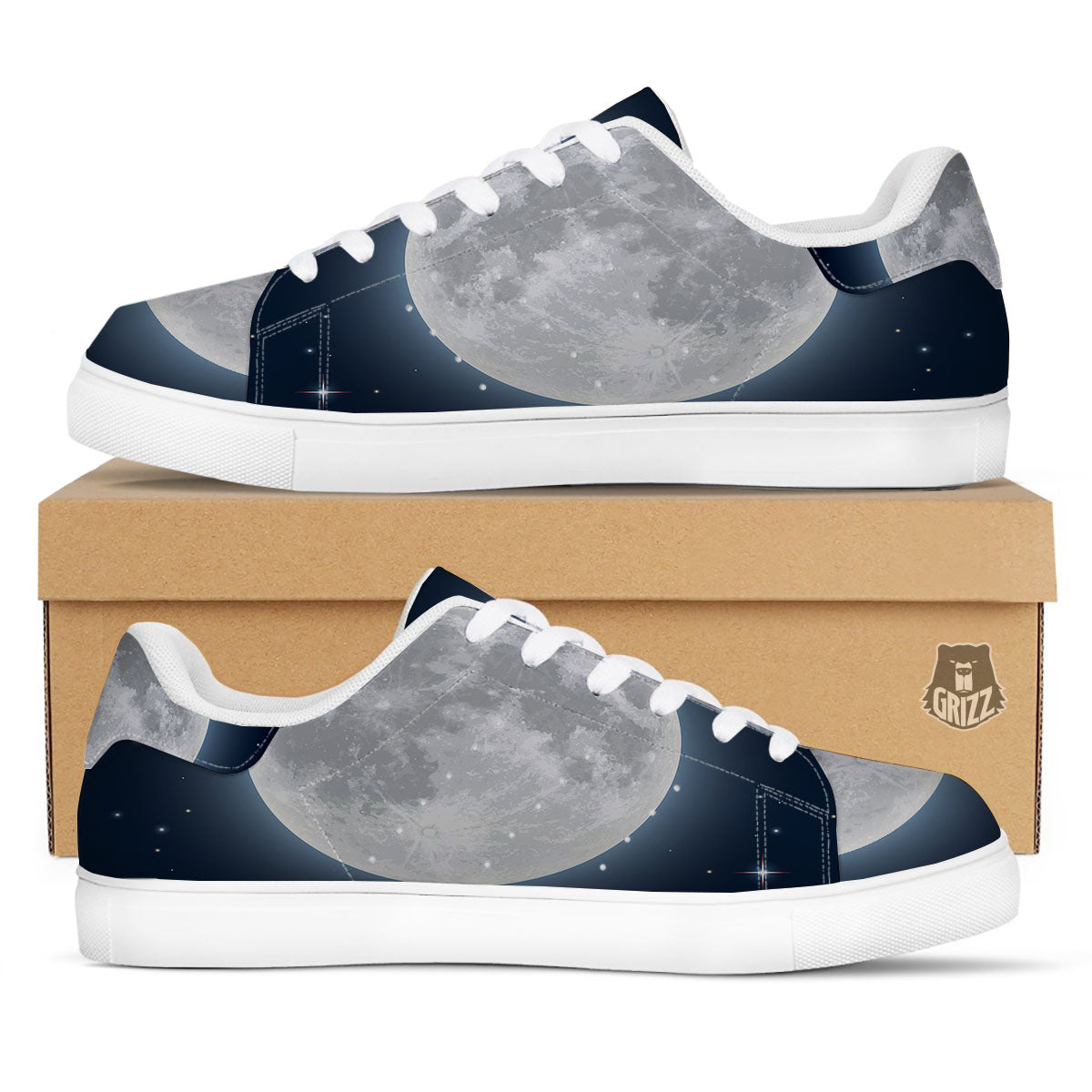 Moonlight And Night Sky Print White Low Top Sneakers-grizzshop