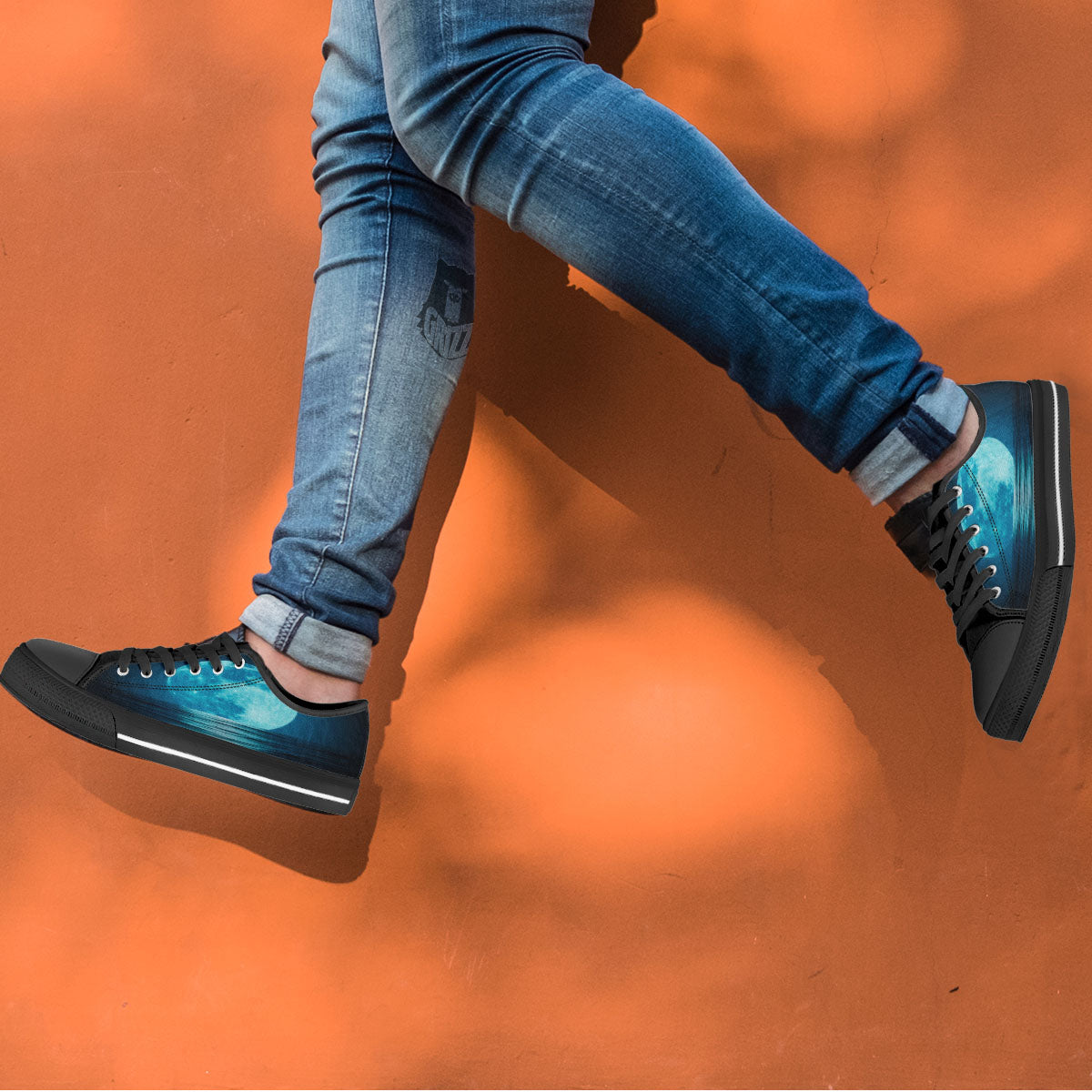 Moonlight And The Sea Print Black Low Top Shoes-grizzshop