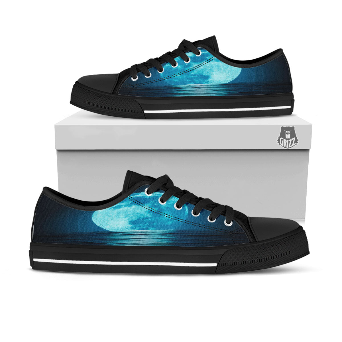 Moonlight And The Sea Print Black Low Top Shoes-grizzshop