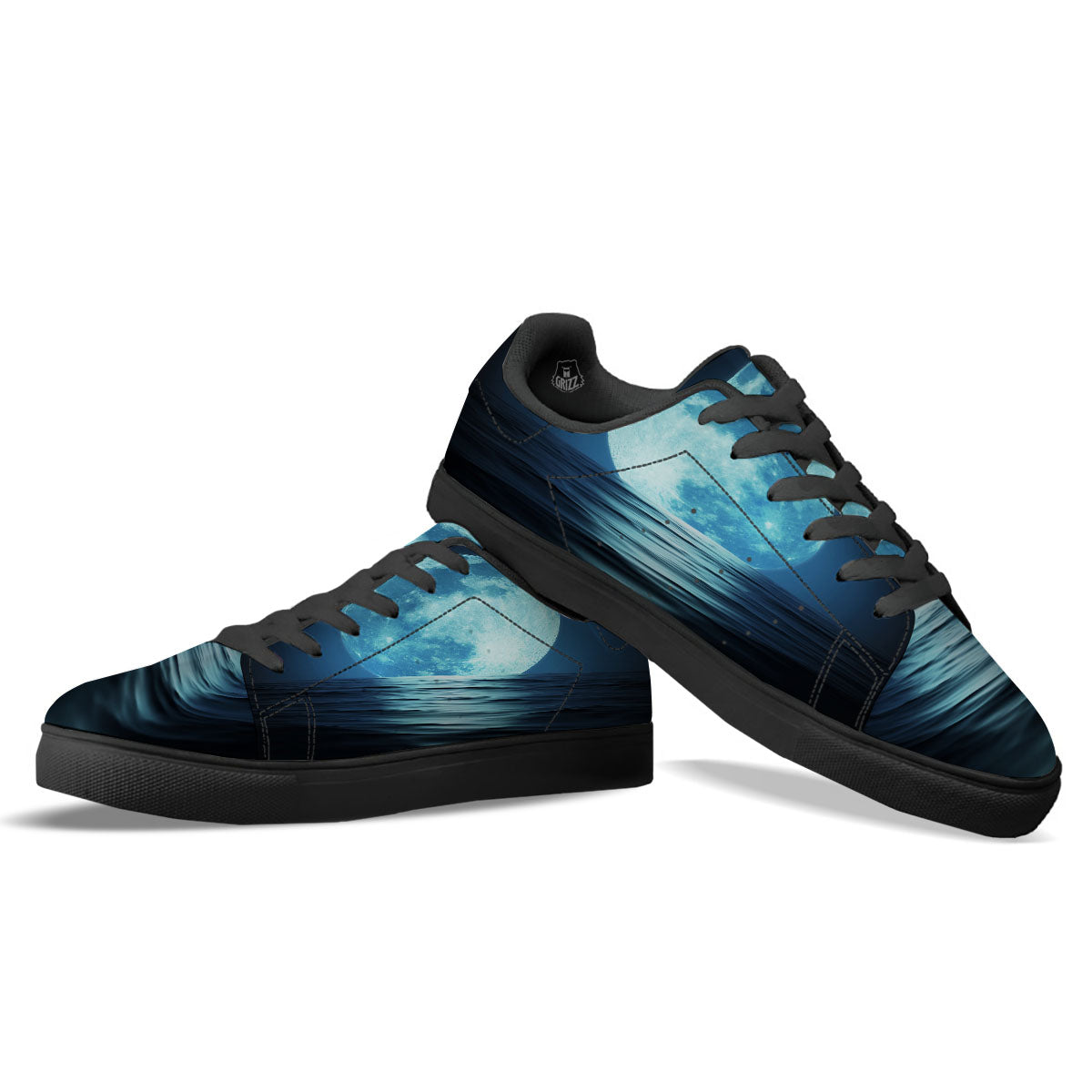 Moonlight And The Sea Print Black Low Top Sneakers-grizzshop