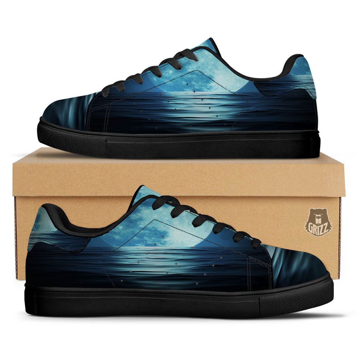 Moonlight And The Sea Print Black Low Top Sneakers-grizzshop