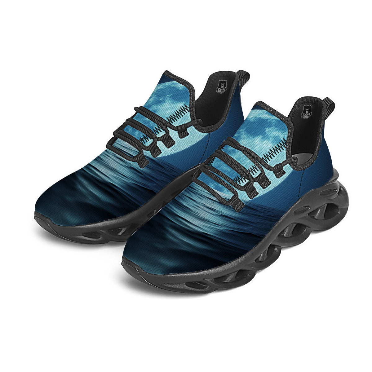 Moonlight And The Sea Print Black Running Shoes-grizzshop