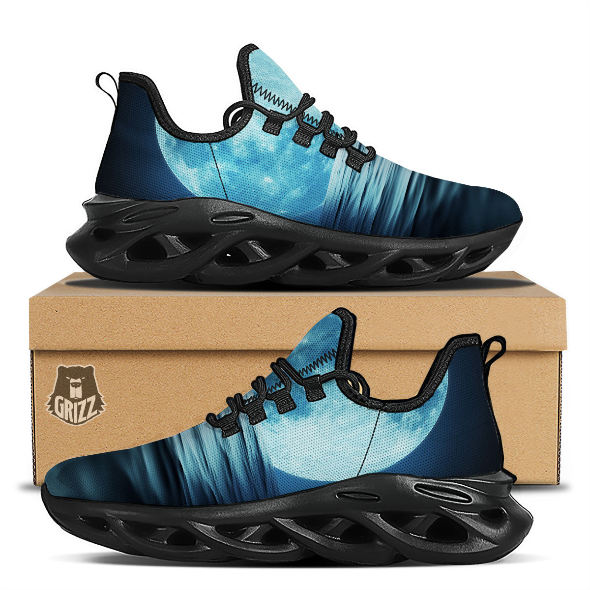 Moonlight And The Sea Print Black Running Shoes-grizzshop