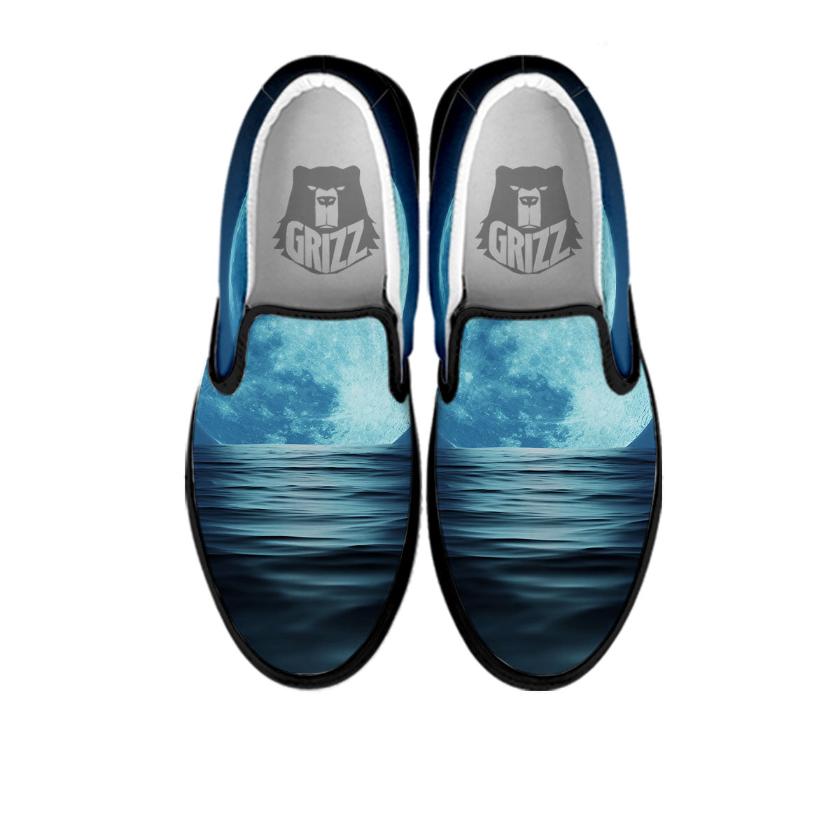 Moonlight And The Sea Print Black Slip On Shoes-grizzshop