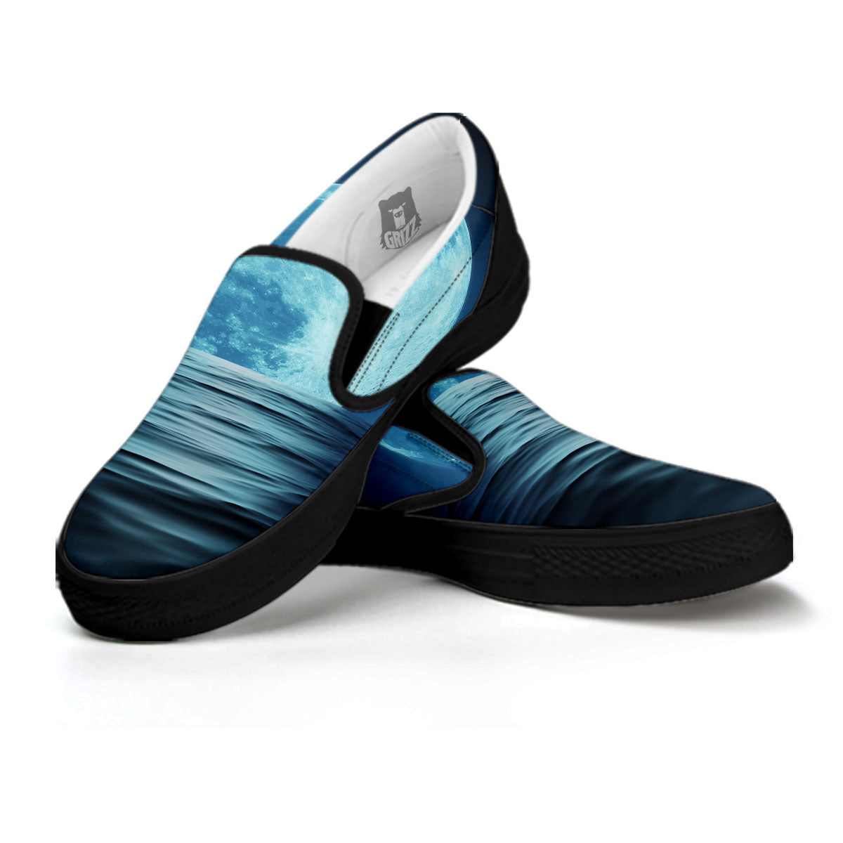 Moonlight And The Sea Print Black Slip On Shoes-grizzshop