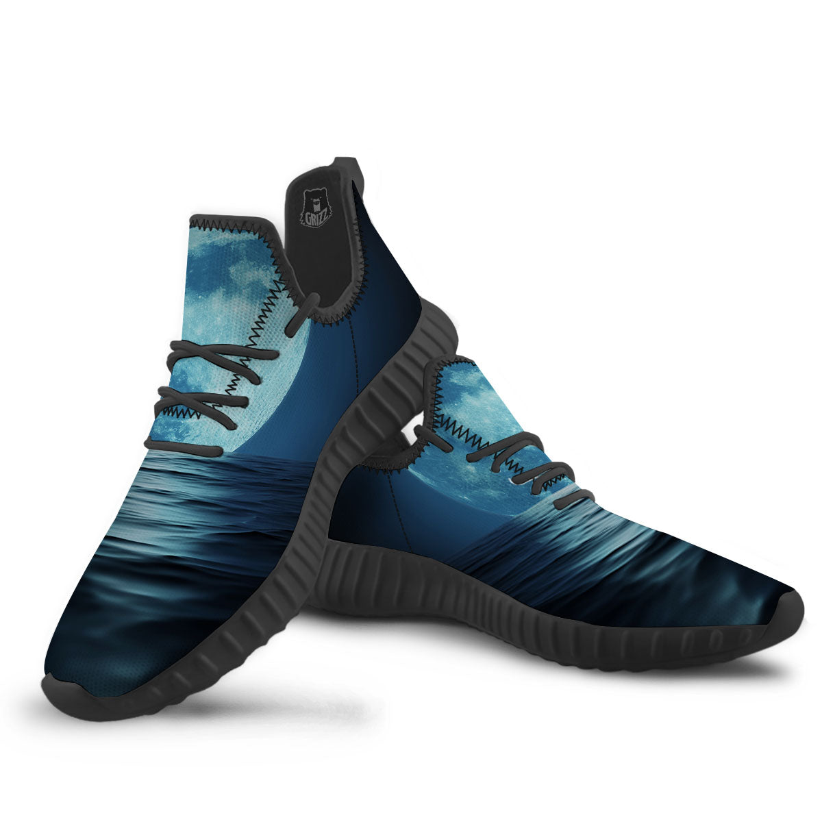 Moonlight And The Sea Print Black Walking Shoes-grizzshop
