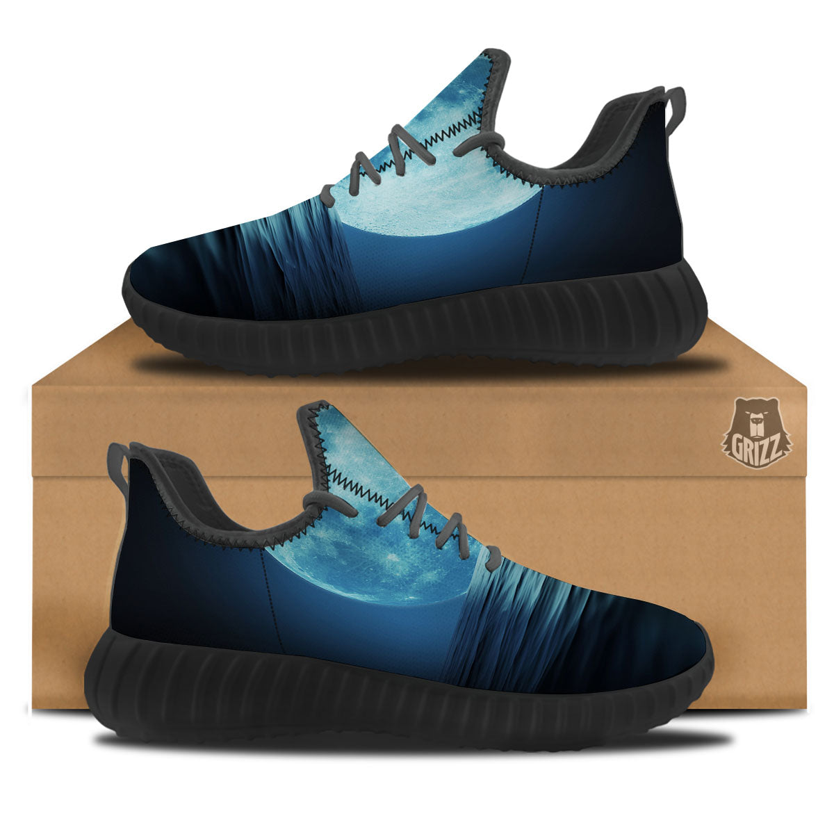 Moonlight And The Sea Print Black Walking Shoes-grizzshop