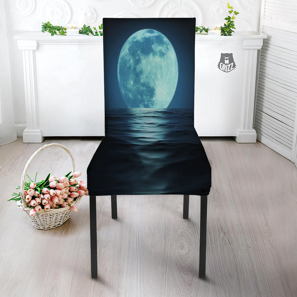 Moonlight And The Sea Print Dining Chair Slipcover-grizzshop