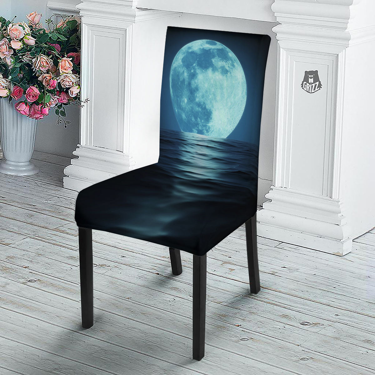 Moonlight And The Sea Print Dining Chair Slipcover-grizzshop