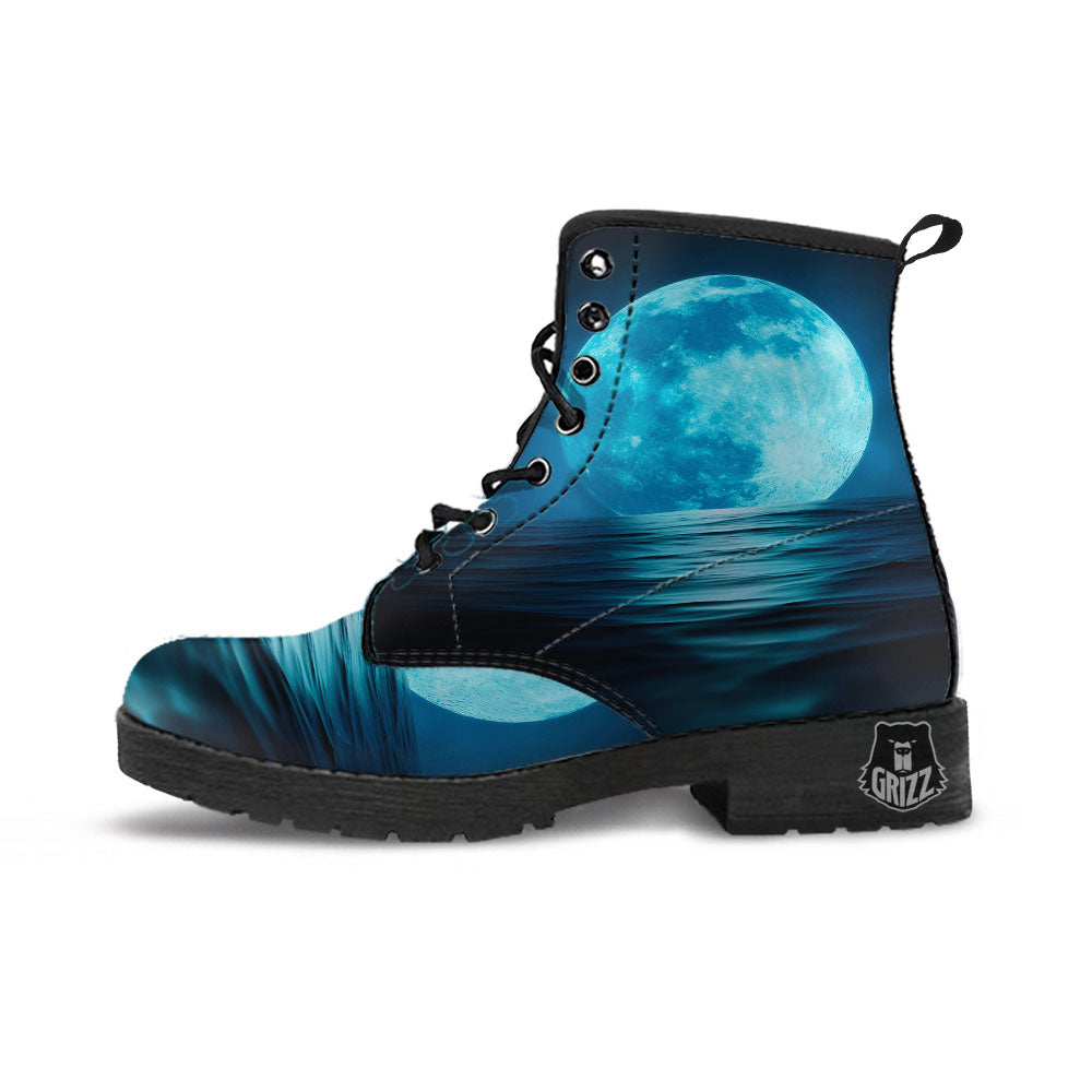 Moonlight And The Sea Print Leather Boots-grizzshop