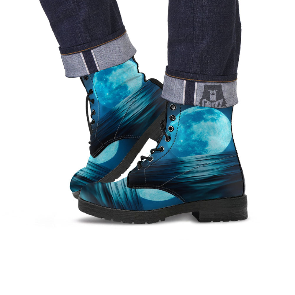 Moonlight And The Sea Print Leather Boots-grizzshop