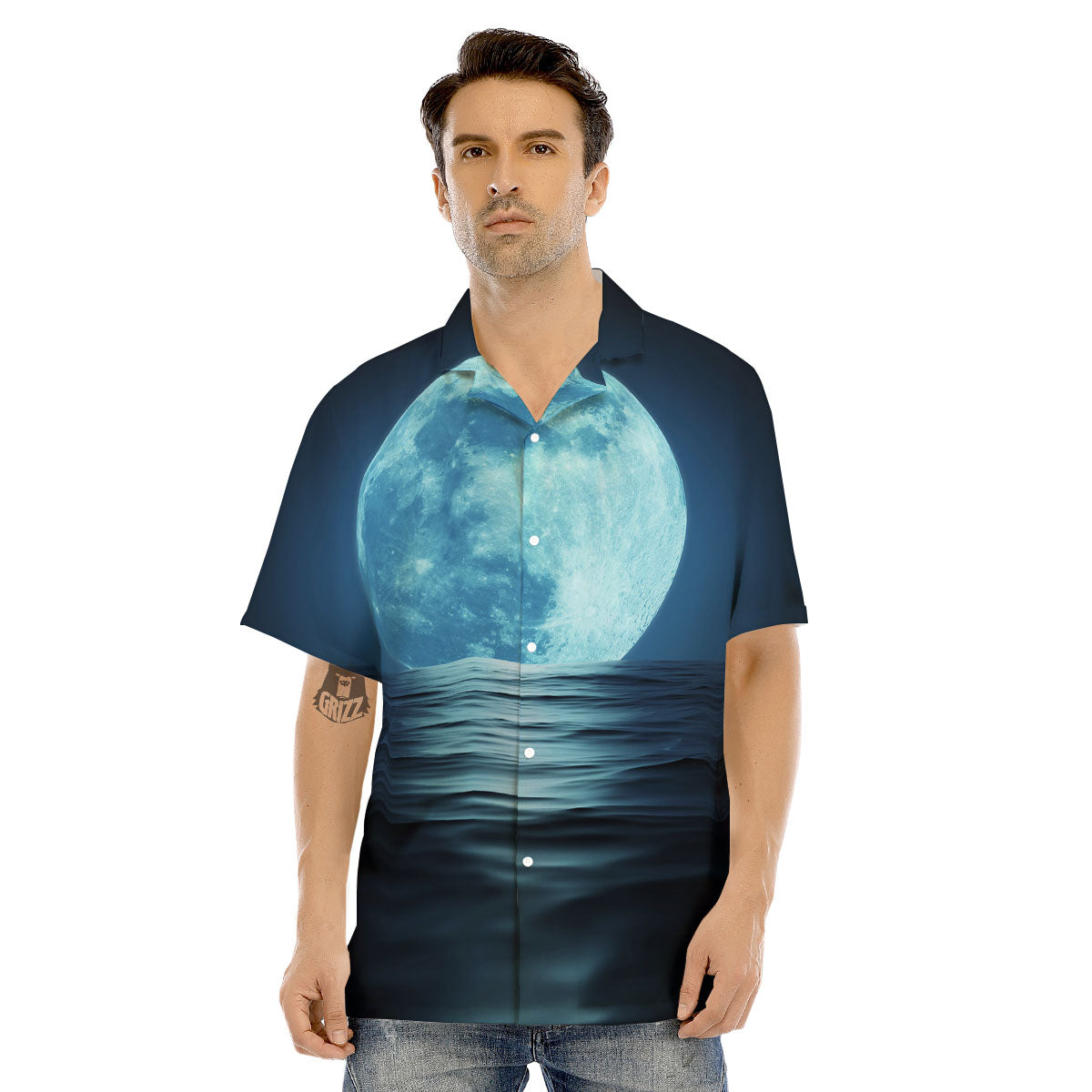 Moonlight And The Sea Print Men's Hawaiian Shirt-grizzshop