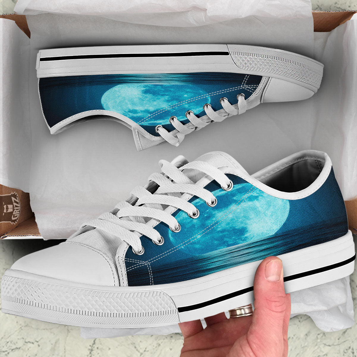 Moonlight And The Sea Print White Low Top Shoes-grizzshop
