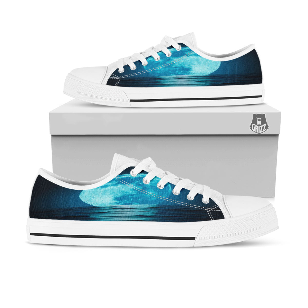 Moonlight And The Sea Print White Low Top Shoes-grizzshop