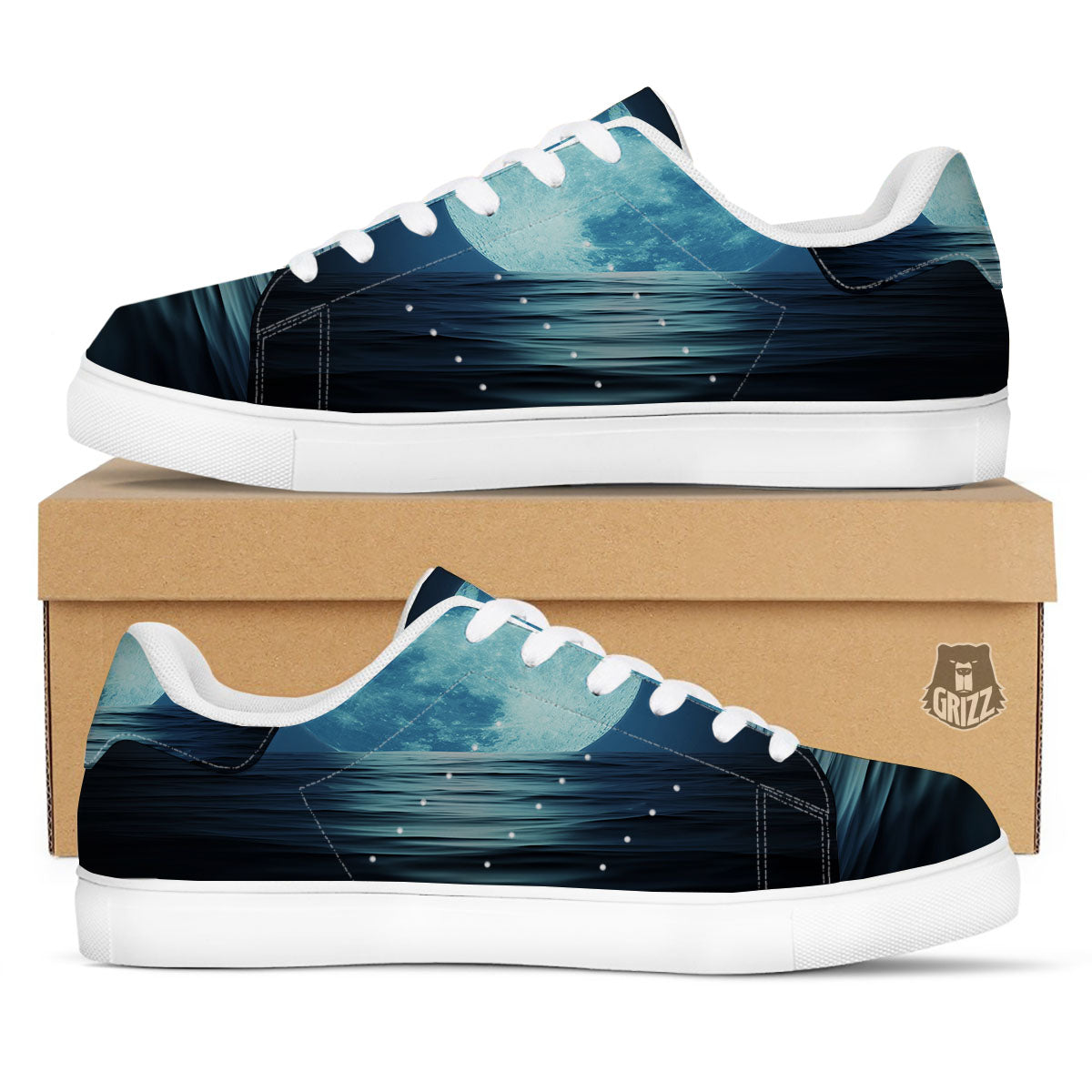 Moonlight And The Sea Print White Low Top Sneakers-grizzshop