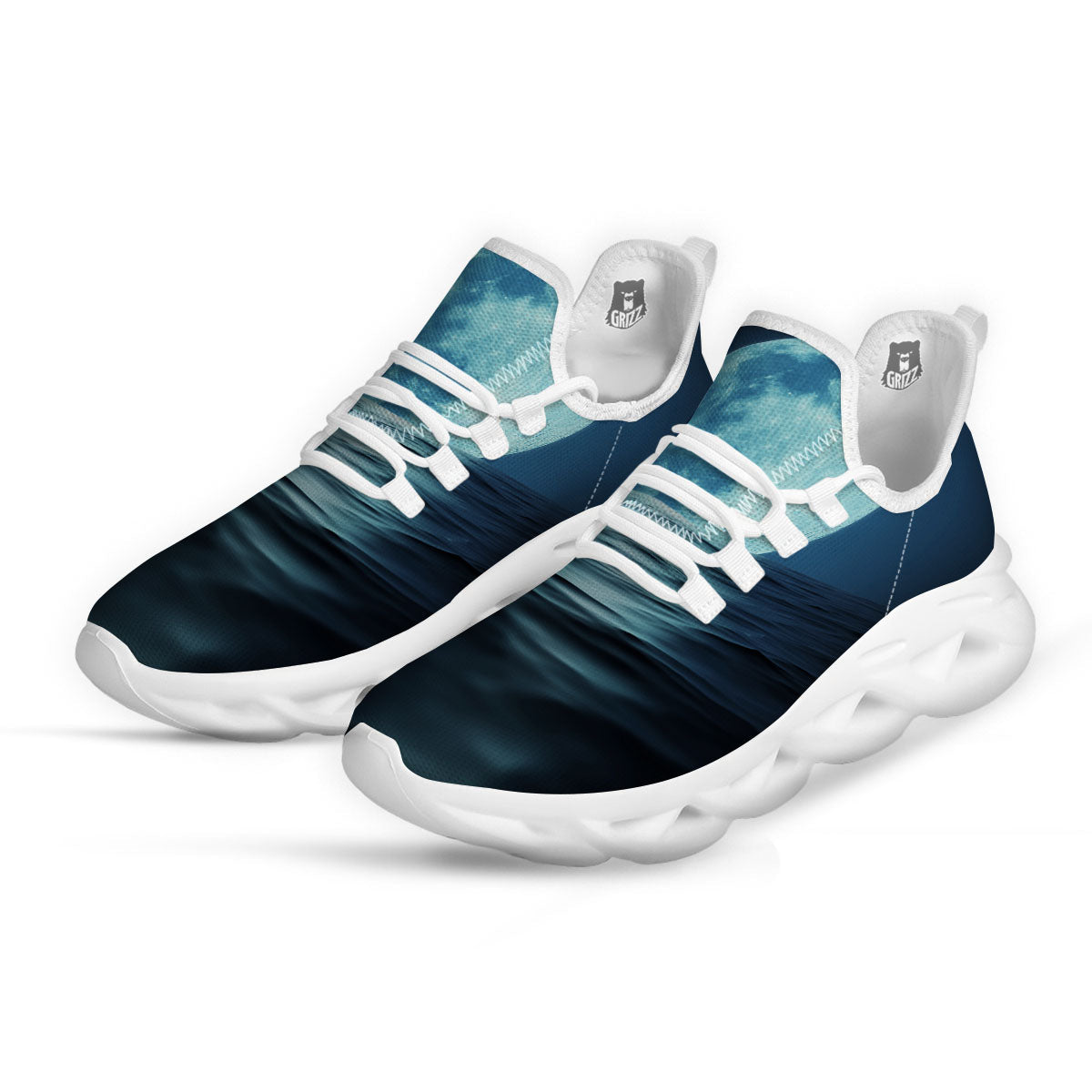 Moonlight And The Sea Print White Running Shoes-grizzshop