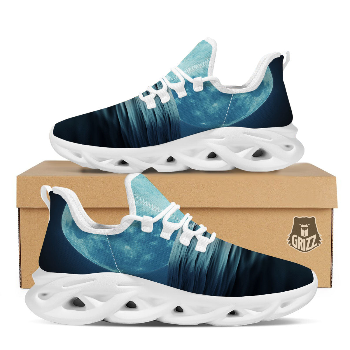 Moonlight And The Sea Print White Running Shoes-grizzshop