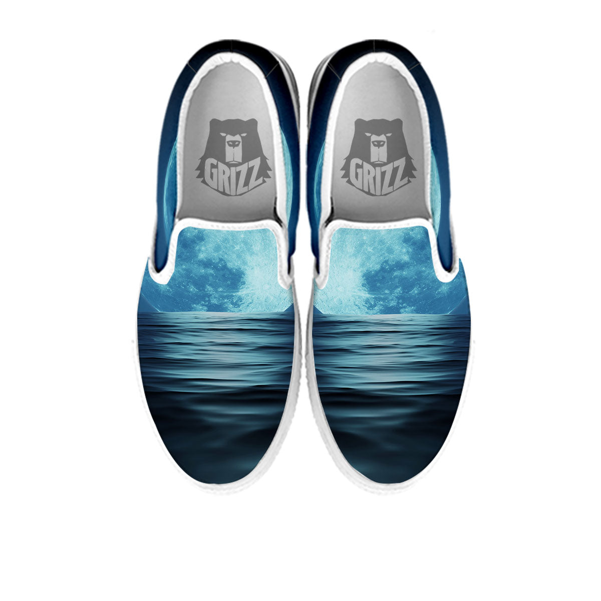 Moonlight And The Sea Print White Slip On Shoes-grizzshop