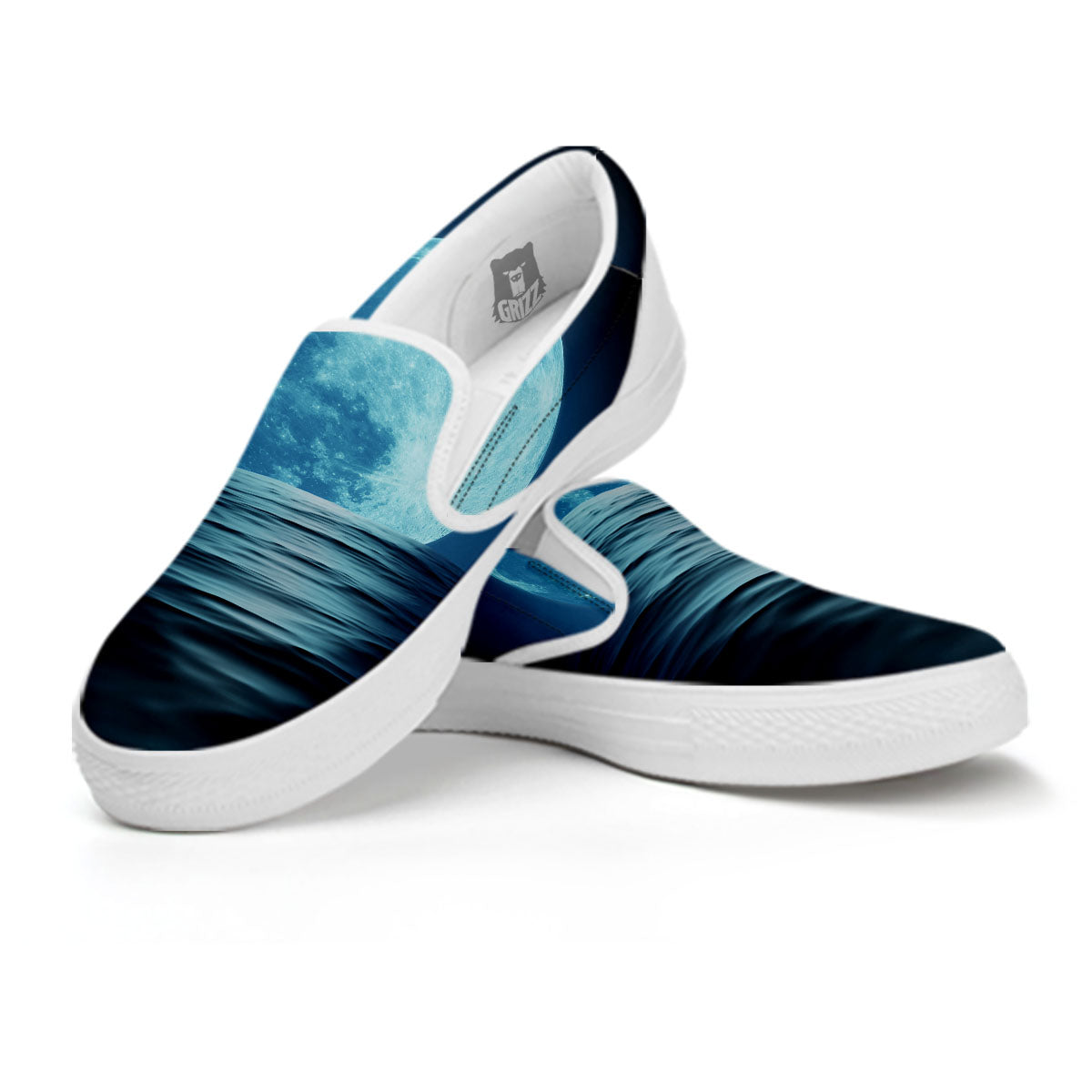 Moonlight And The Sea Print White Slip On Shoes-grizzshop