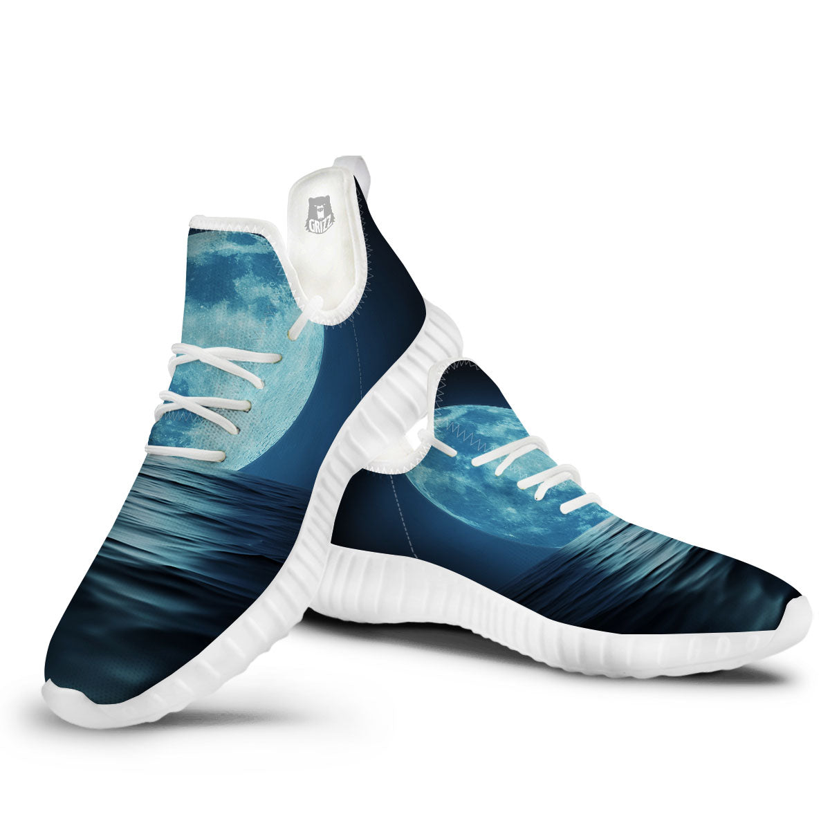 Moonlight And The Sea Print White Walking Shoes-grizzshop